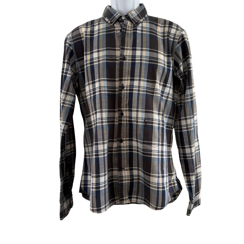 Diesel‎ Shirt Mens XL Blue Brown Plaid Slim Fit Stretch Long Sleeve Button Down